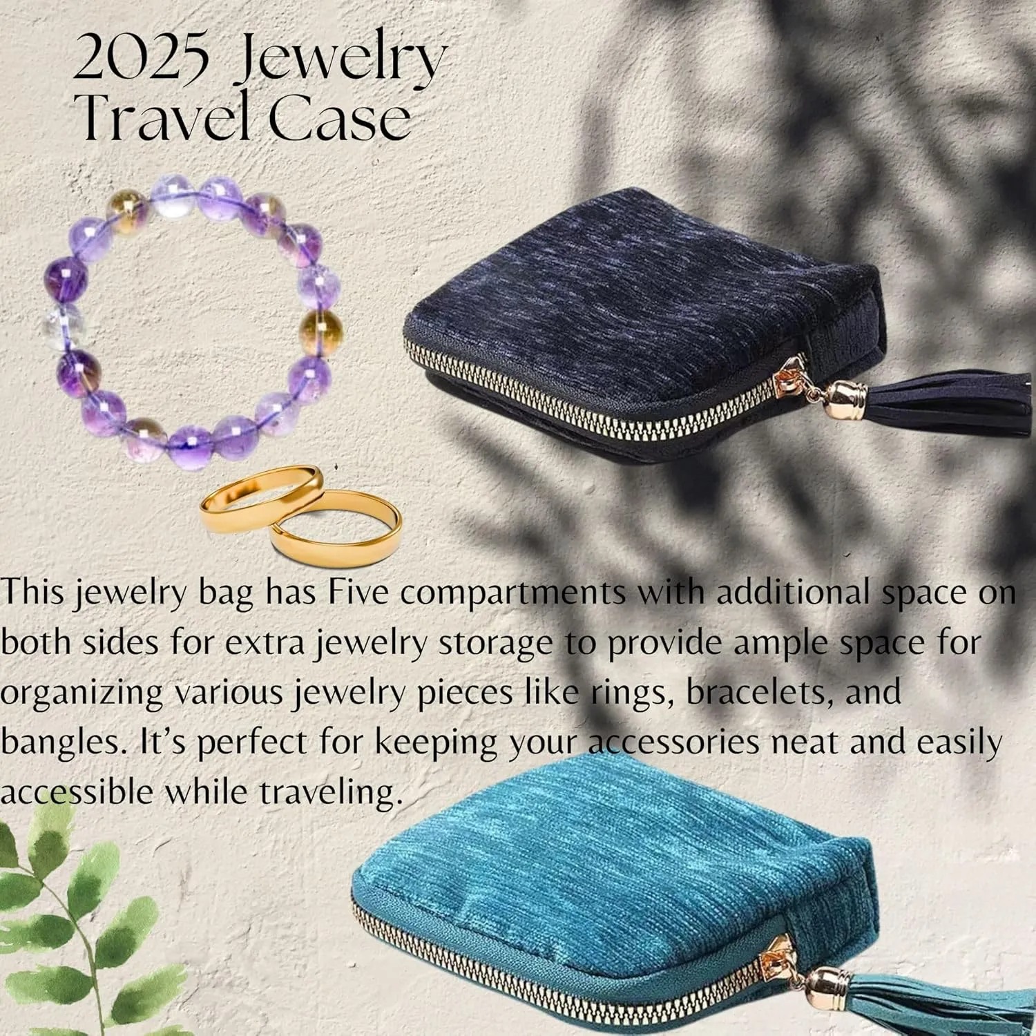 2025 New Travel Jewelry Case – Portable Organizer for Rings, Bracelets, & Bangles with Tassel Zipper, Elegant Jewelry Roll for Journey, Crystal Jewelry Storage Pouch, Mini, Taro Purple