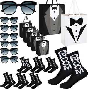 21 Pcs Groomsmen Gifts Set 7 Pairs Black Groomsmen Socks for Men 7 Pieces T Shirt Gift Bags 7 Pairs Sunglasses for Wedding Proposal Bachelor Party