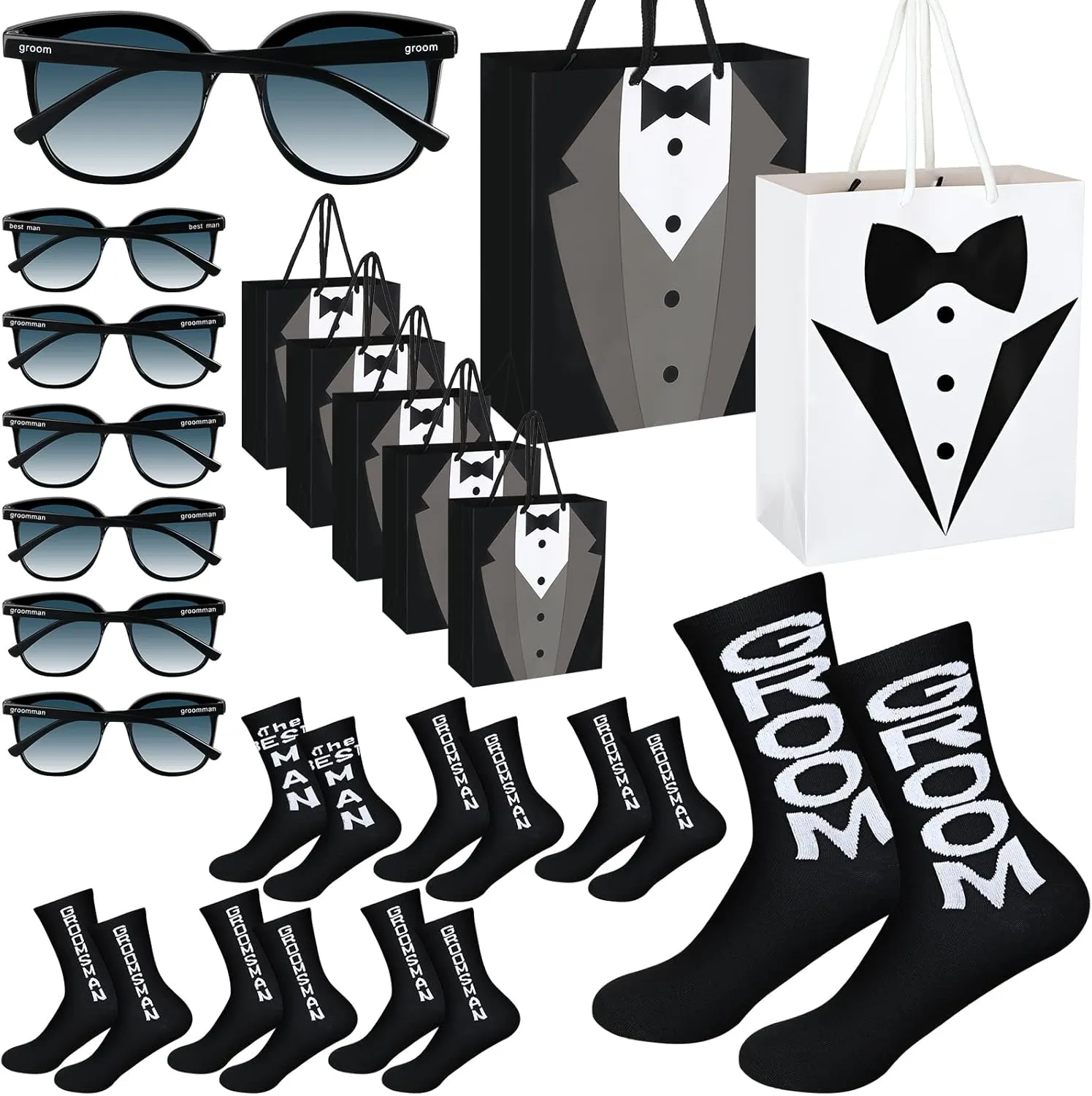 21 Pcs Groomsmen Gifts Set 7 Pairs Black Groomsmen Socks for Men 7 Pieces T Shirt Gift Bags 7 Pairs Sunglasses for Wedding Proposal Bachelor Party