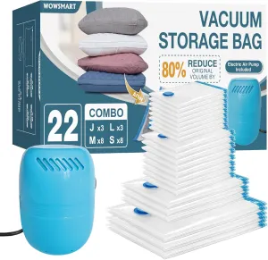 22 Vacuum Storage Bags with Electric Pump, Vacuum Sealed Storage Bags (3Jumbo/3Large/8Medium/8Small), Space Saver Vacuum Seal Bags for Clothing, Comforters, Pillows, Towel, Blanket Storage, Bedding