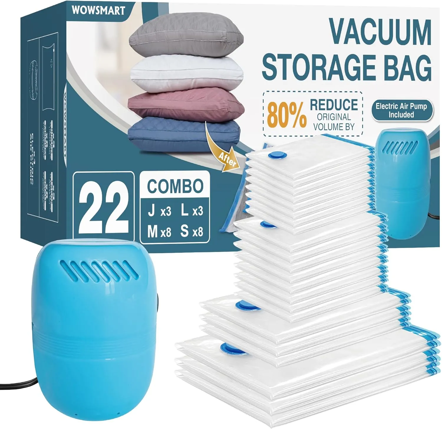 22 Vacuum Storage Bags with Electric Pump, Vacuum Sealed Storage Bags (3Jumbo/3Large/8Medium/8Small), Space Saver Vacuum Seal Bags for Clothing, Comforters, Pillows, Towel, Blanket Storage, Bedding