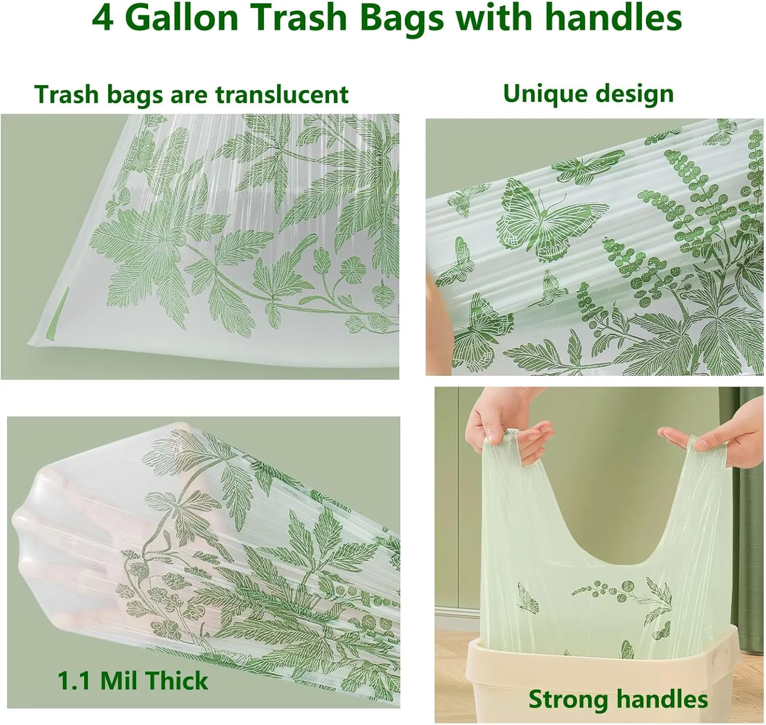 220pcs Small Trash Bags for Bathroom, Office, Kitchen,Bedroom Waste Bin 4 Gallon 1.1 Mil Thick Garbage Bags Separated Strong Rubbish Bags (Green, 220 Counts)