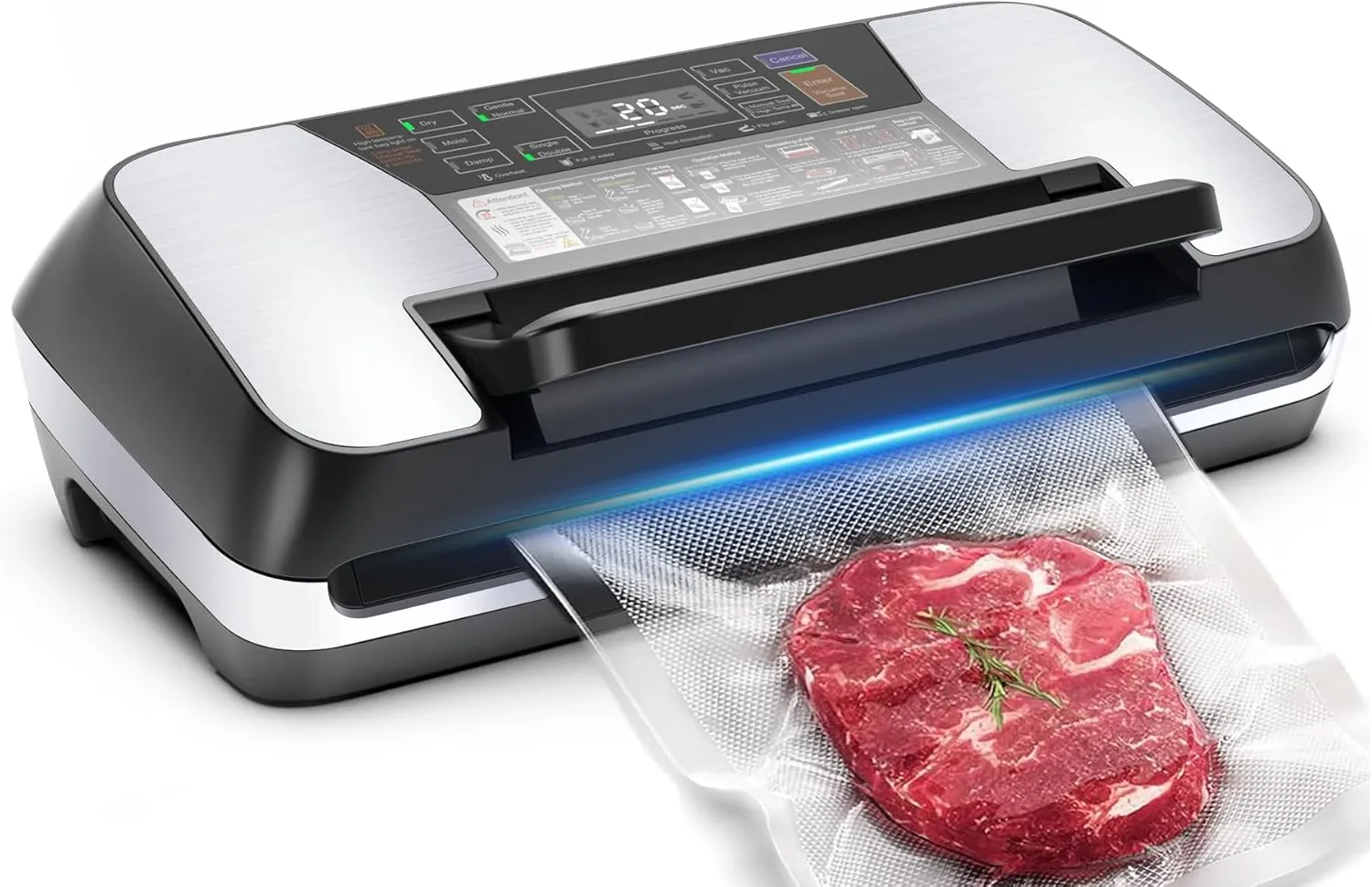 230 Watts Vacuum Sealer for Food, Commercial Vacuum Sealer Machine with Double Heat Seal, Easy Lock Handle, 12 Functions, Bags Storage,Build-in Cutter, 1 Roll and 10 Pre-cut Bags, Progress Display