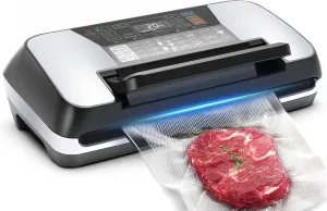 230 Watts Vacuum Sealer for Food, Commercial Vacuum Sealer Machine with Double Heat Seal, Easy Lock Handle, 12 Functions, Bags Storage,Build-in Cutter, 1 Roll and 10 Pre-cut Bags, Progress Display