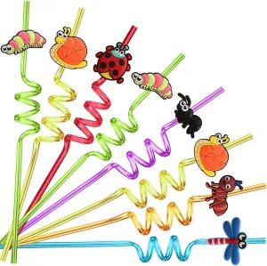 24 Bug Birthday Party Supplies Reusable Plastic Straws for Insect Themed Party Favors Decorations with 2 Cleaning Brushes