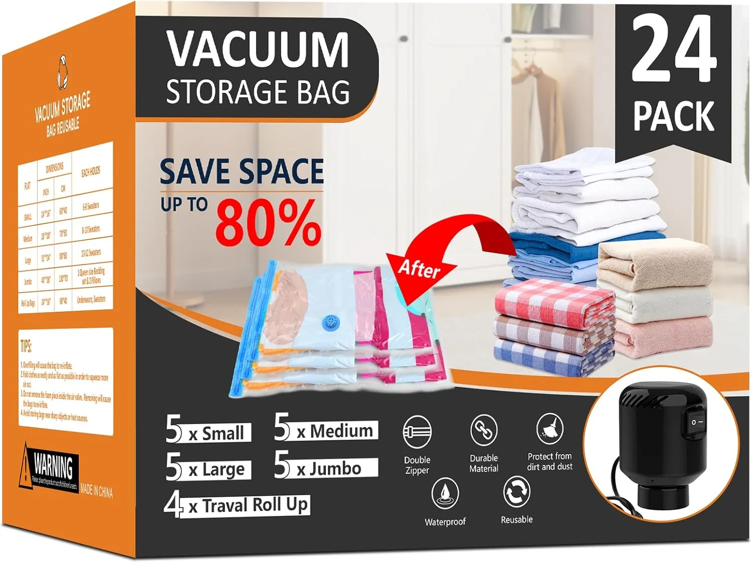 24 Pack Vacuum Storage Bags, Space Saver Bags, Compression for Comforters and Blankets, Plush Toy, Sealer Clothes Storage (5 Jumbo/5 Large/5 Medium/5 Small/4 Roll) Electric Vacuum Pump Included