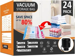 24 Pack Vacuum Storage Bags, Space Saver Bags, Compression for Comforters and Blankets, Plush Toy, Sealer Clothes Storage (5 Jumbo/5 Large/5 Medium/5 Small/4 Roll) Electric Vacuum Pump Included