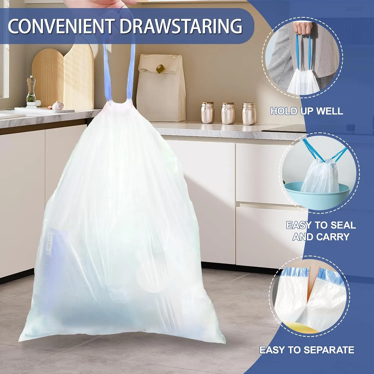 240 Count 3 Gallon Trash Bags Drawstring - 12 Liter Small Garbage Bags for Bathroom, 0.96 Mil Strong White Unscented Plastic Wastebasket Bin Liners for Toilet Office and Bedroom