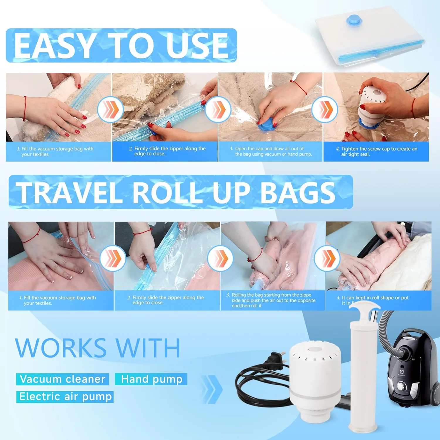 25 Pack Vacuum Storage Bags with Electric Air Pump, Space Saver Bags (3 Jumbo/4 Large/5 Medium/5 Small/4 Roll M/4 Roll S) Compression for Comforters and Blankets, Duvets, Pillows, Travel
