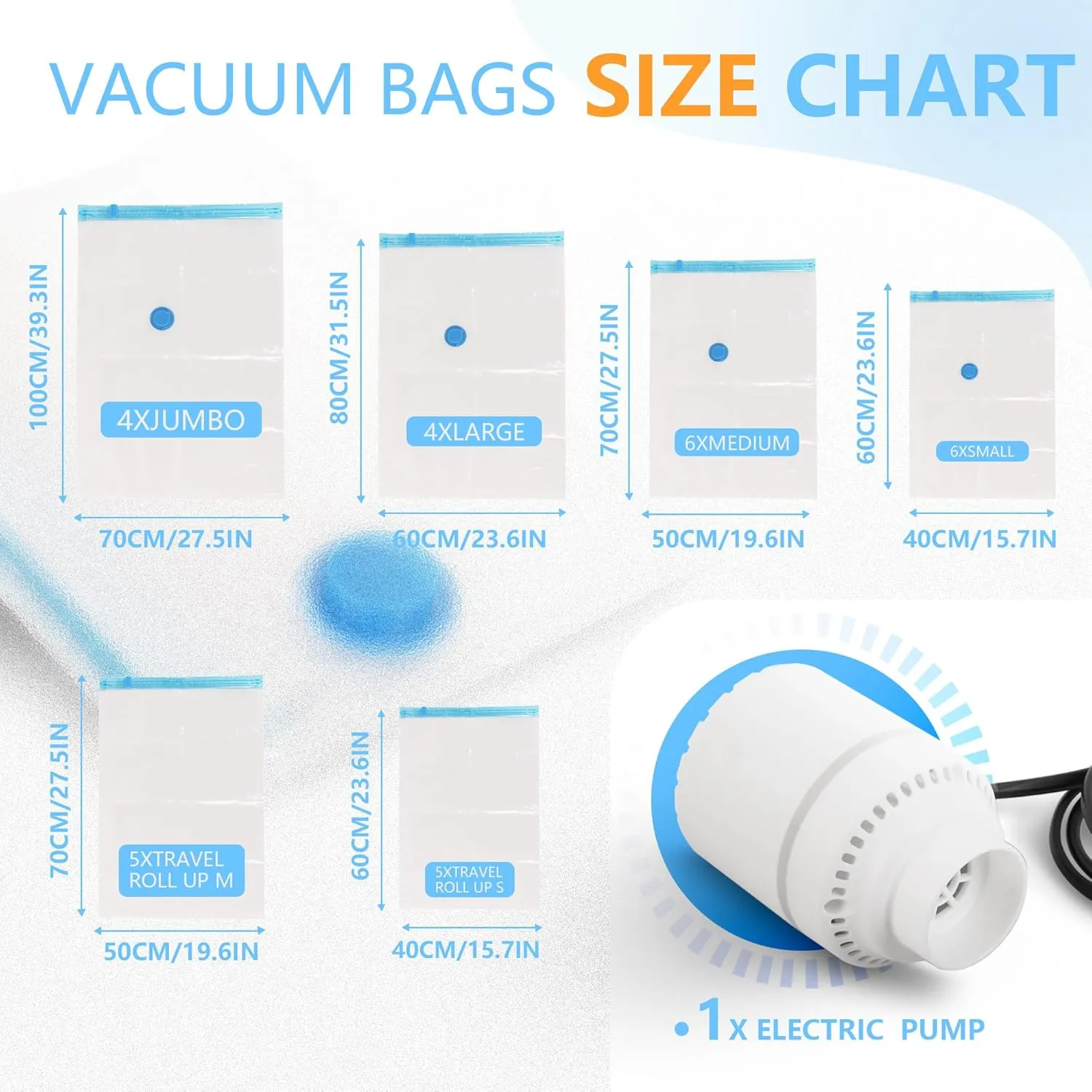 25 Pack Vacuum Storage Bags with Electric Air Pump, Space Saver Bags (3 Jumbo/4 Large/5 Medium/5 Small/4 Roll M/4 Roll S) Compression for Comforters and Blankets, Duvets, Pillows, Travel
