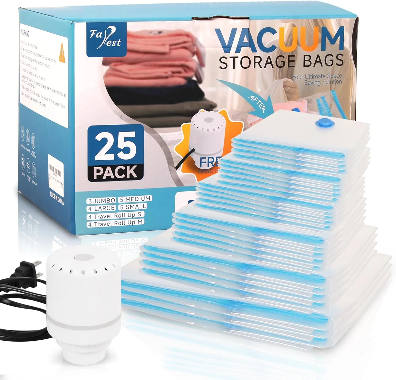 25 Pack Vacuum Storage Bags with Electric Air Pump, Space Saver Bags (3 Jumbo/4 Large/5 Medium/5 Small/4 Roll M/4 Roll S) Compression for Comforters and Blankets, Duvets, Pillows, Travel