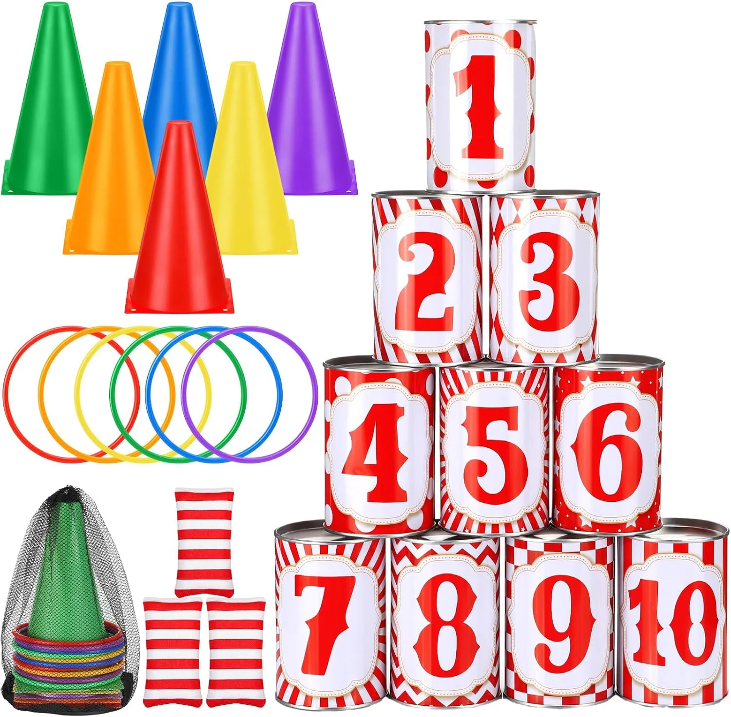 29 Pcs Carnival Games Set 4 in 1 Carnival Can Game Soft Plastic Cones Ring Toss Game Cornhole Bean Bags for Adults Teens Indoor Outdoor Games Activities Carnival Bday Party School Field Day