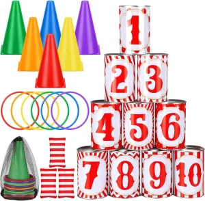 29 Pcs Carnival Games Set 4 in 1 Carnival Can Game Soft Plastic Cones Ring Toss Game Cornhole Bean Bags for Adults Teens Indoor Outdoor Games Activities Carnival Bday Party School Field Day