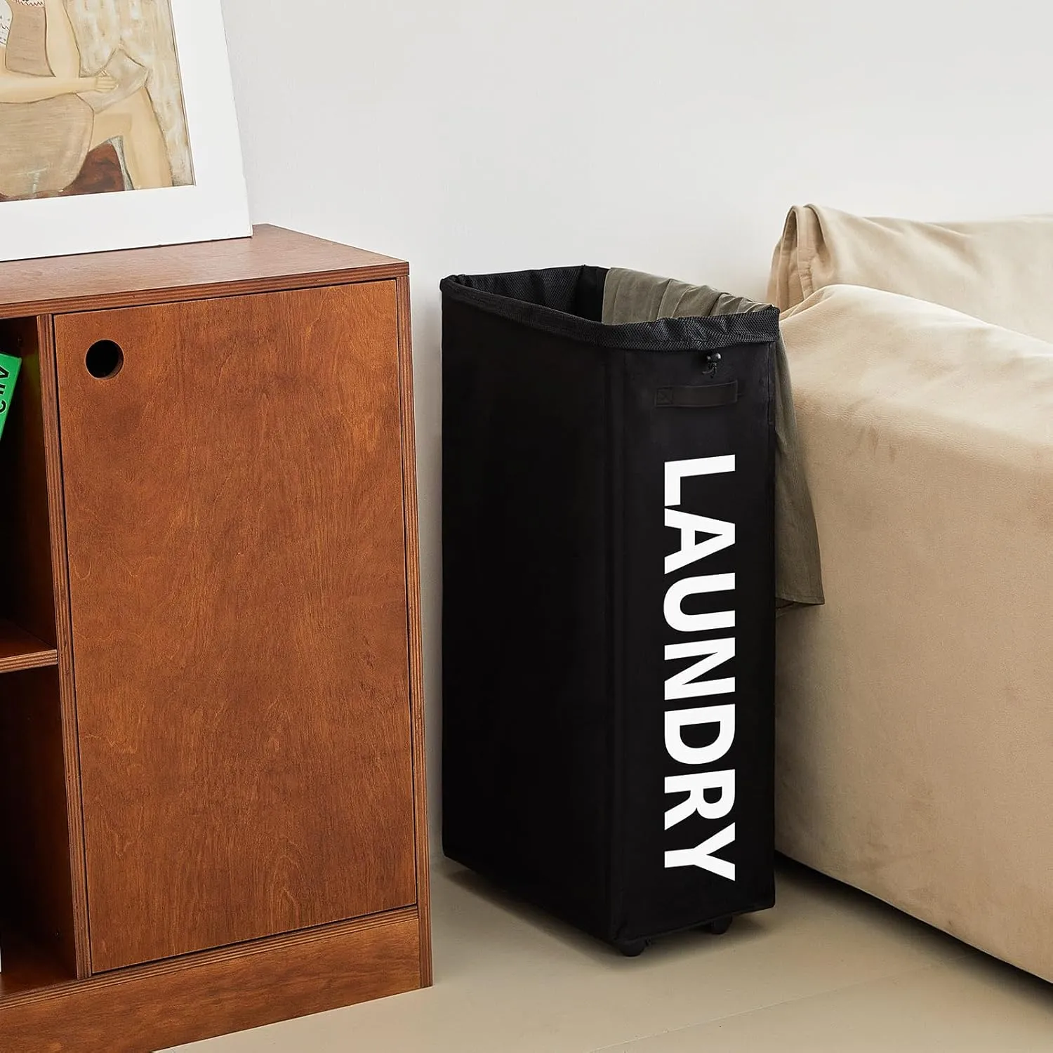 29" Slim Rolling Laundry basket with Removable Bag on Wheels, 70L Collapsible Narrow Corner Laundry Hamper, Foldable Storage Bins, Black