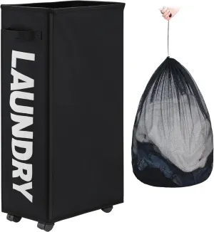 29" Slim Rolling Laundry basket with Removable Bag on Wheels, 70L Collapsible Narrow Corner Laundry Hamper, Foldable Storage Bins, Black