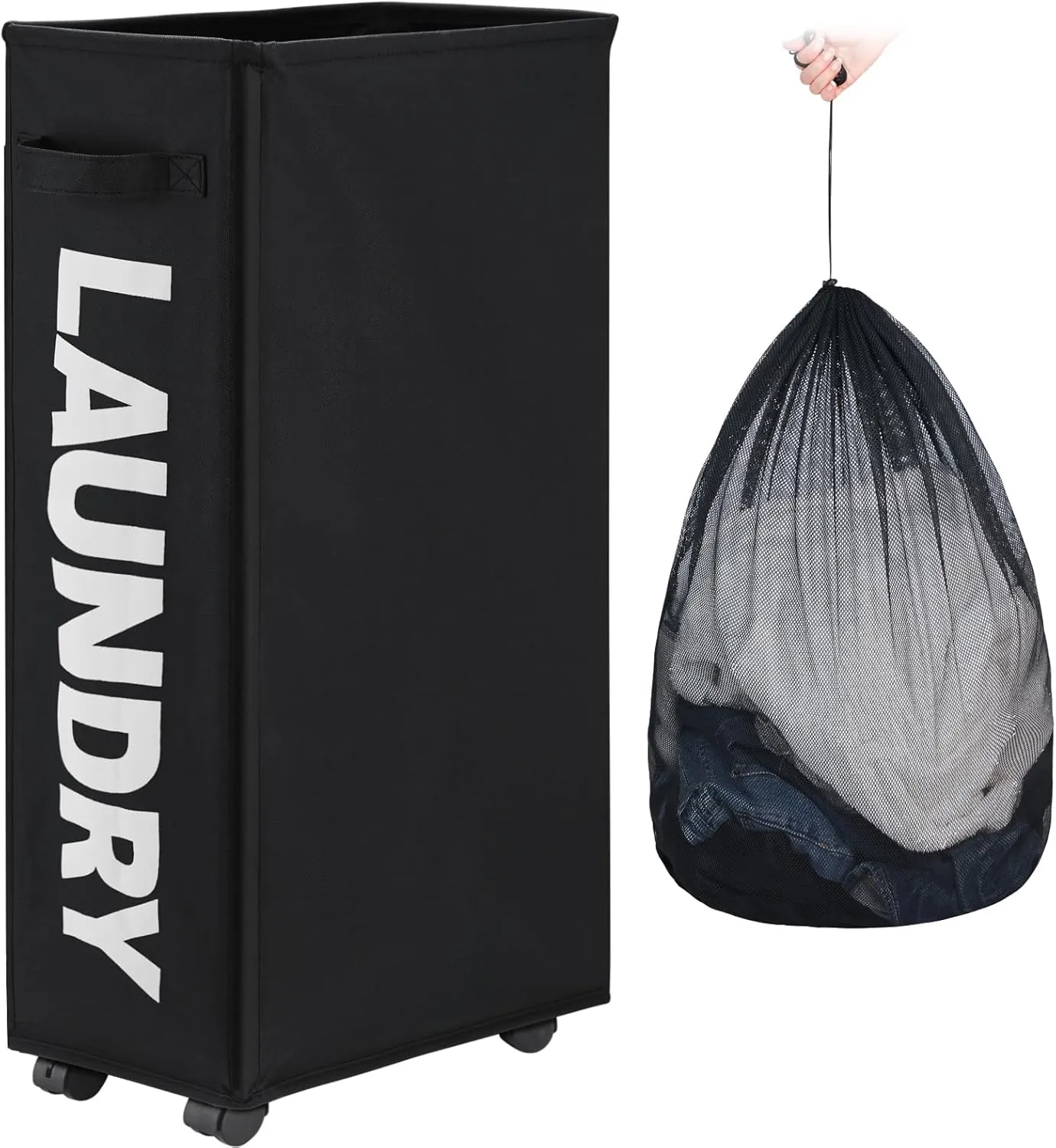 29" Slim Rolling Laundry basket with Removable Bag on Wheels, 70L Collapsible Narrow Corner Laundry Hamper, Foldable Storage Bins, Black