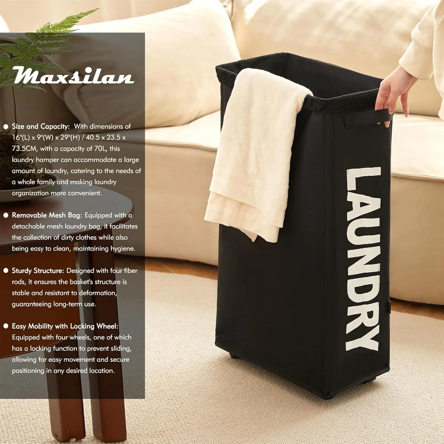 29" Slim Rolling Laundry basket with Removable Bag on Wheels, 70L Collapsible Narrow Corner Laundry Hamper, Foldable Storage Bins, Black