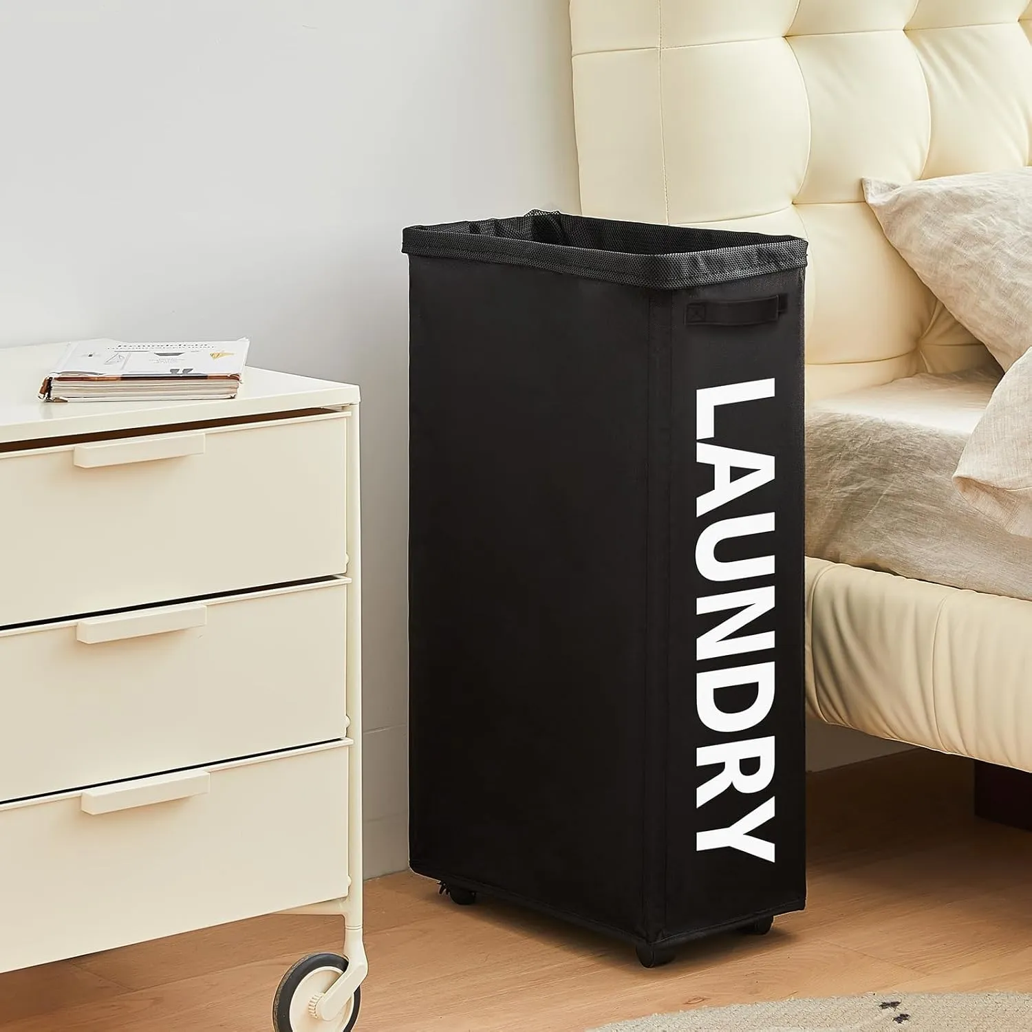 29" Slim Rolling Laundry basket with Removable Bag on Wheels, 70L Collapsible Narrow Corner Laundry Hamper, Foldable Storage Bins, Black