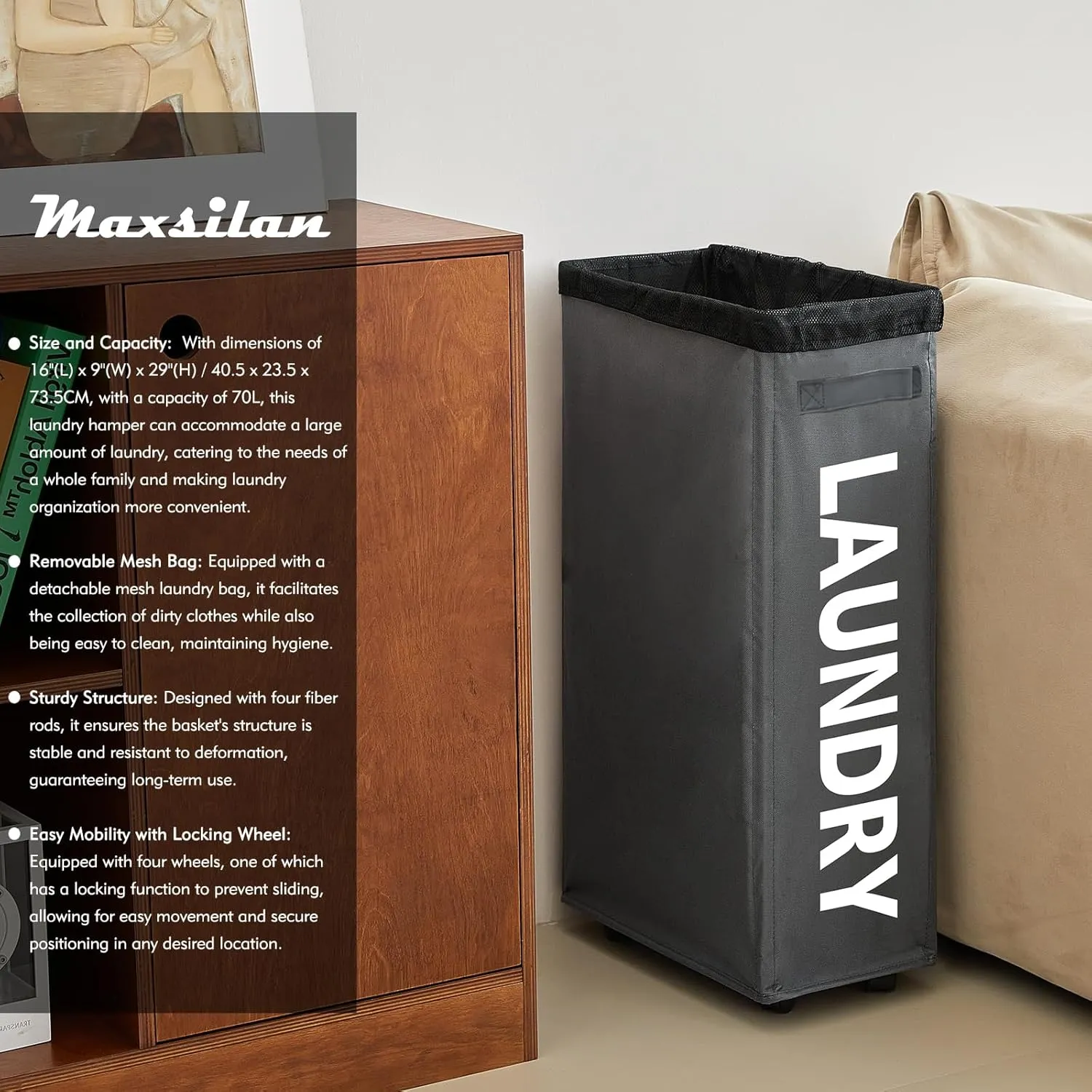 29" Slim Rolling Laundry basket with Removable Bag on Wheels, 70L Collapsible Narrow Corner Laundry Hamper, Foldable Storage Bins, Grey