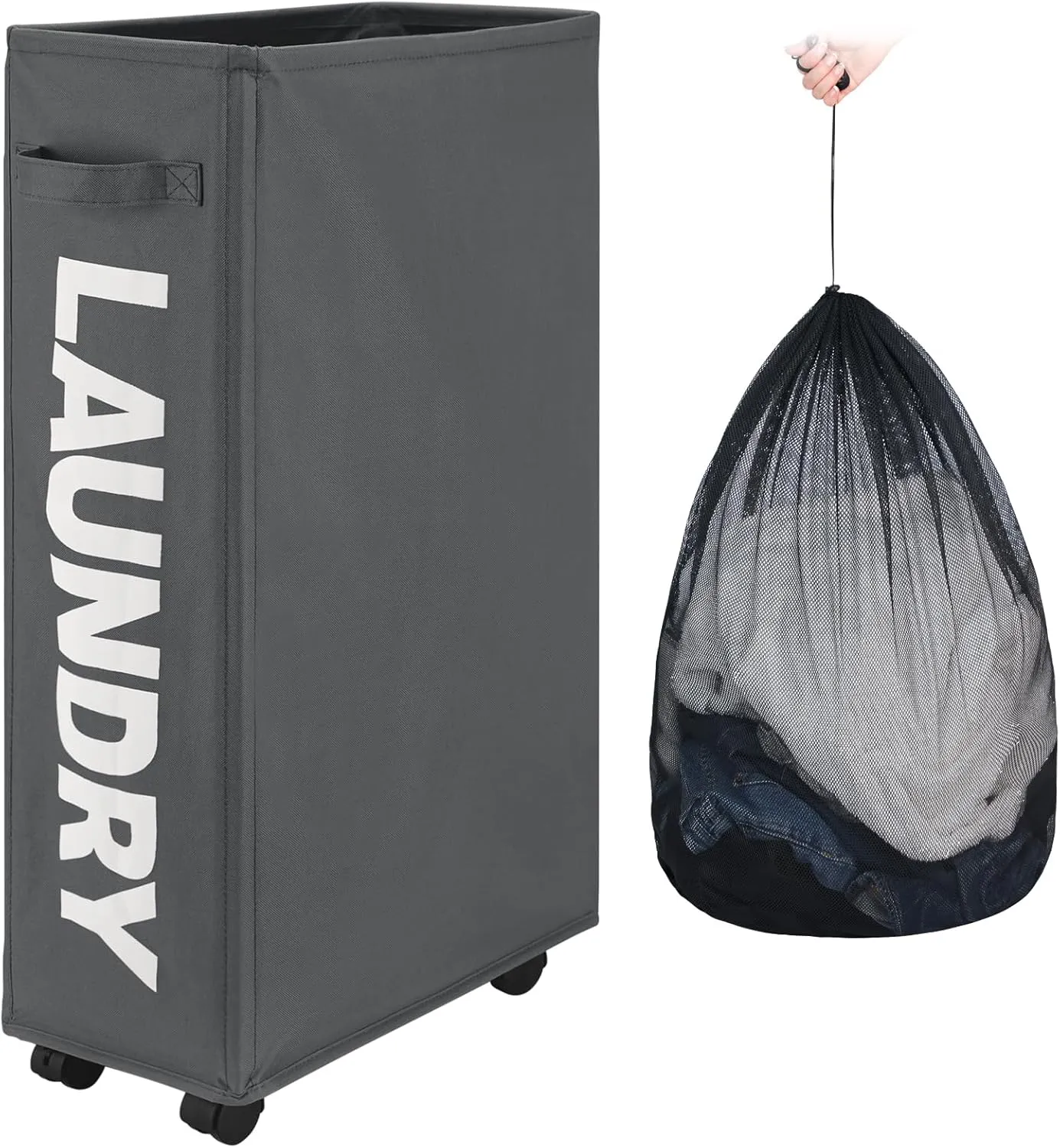 29" Slim Rolling Laundry basket with Removable Bag on Wheels, 70L Collapsible Narrow Corner Laundry Hamper, Foldable Storage Bins, Grey