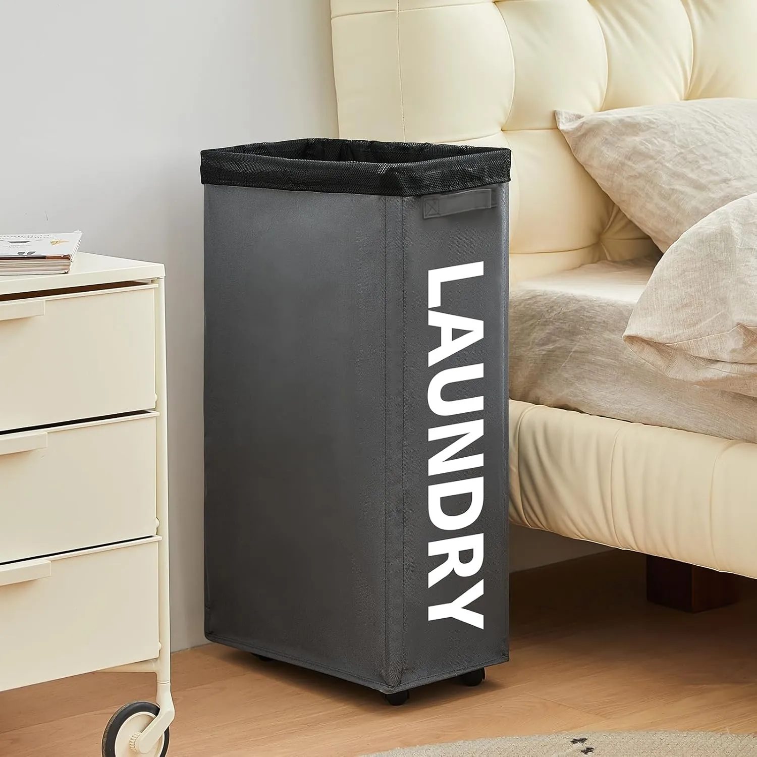29" Slim Rolling Laundry basket with Removable Bag on Wheels, 70L Collapsible Narrow Corner Laundry Hamper, Foldable Storage Bins, Grey