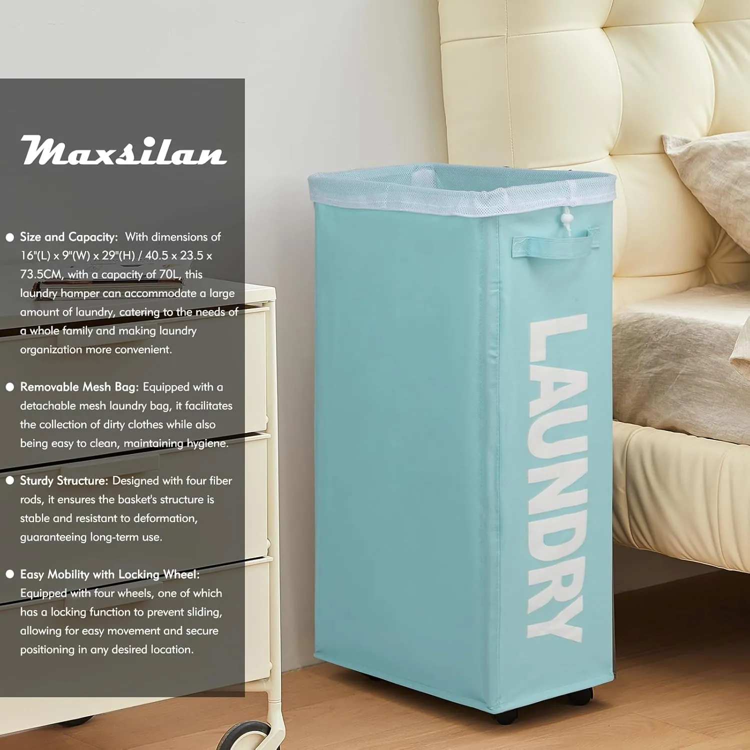 29" Slim Rolling Laundry basket with Removable Bag on Wheels, 70L Collapsible Narrow Corner Laundry Hamper, Foldable Storage Bins, Light Blue