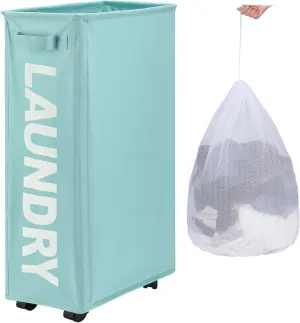 29" Slim Rolling Laundry basket with Removable Bag on Wheels, 70L Collapsible Narrow Corner Laundry Hamper, Foldable Storage Bins, Light Blue