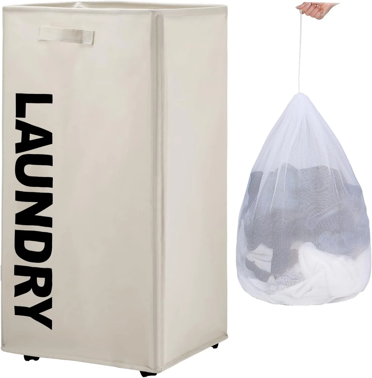 29" X-Large Rolling Laundry basket with Removable Bag on Wheels, 90L Collapsible Narrow Corner Laundry Hamper, Foldable Storage Bins, Beige