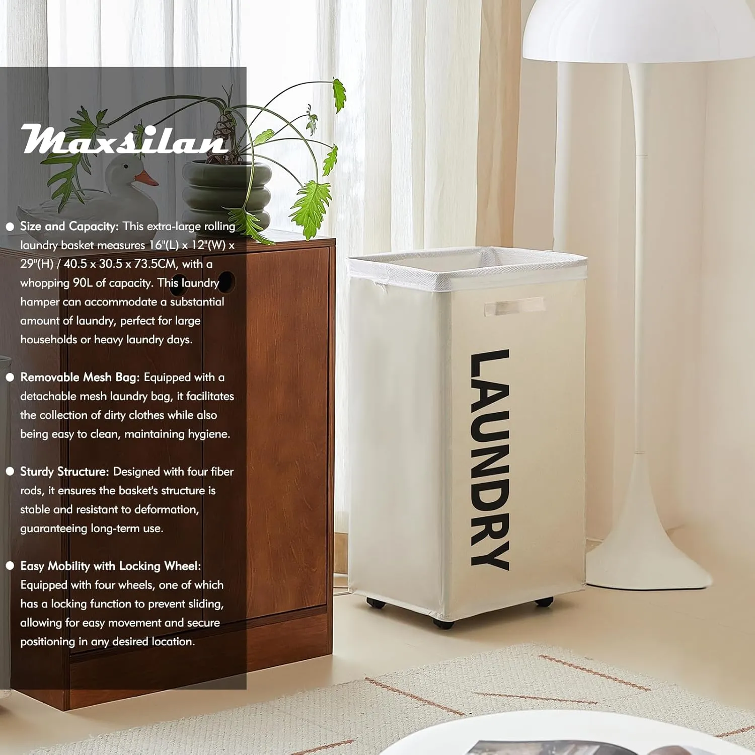 29" X-Large Rolling Laundry basket with Removable Bag on Wheels, 90L Collapsible Narrow Corner Laundry Hamper, Foldable Storage Bins, Beige