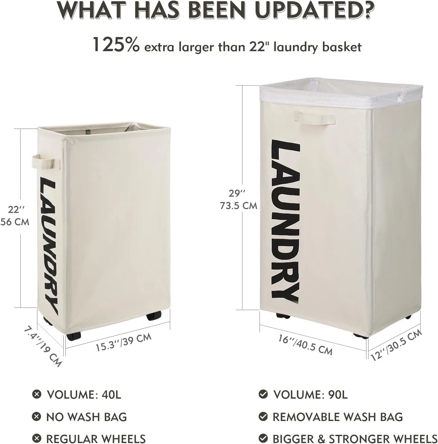 29" X-Large Rolling Laundry basket with Removable Bag on Wheels, 90L Collapsible Narrow Corner Laundry Hamper, Foldable Storage Bins, Beige