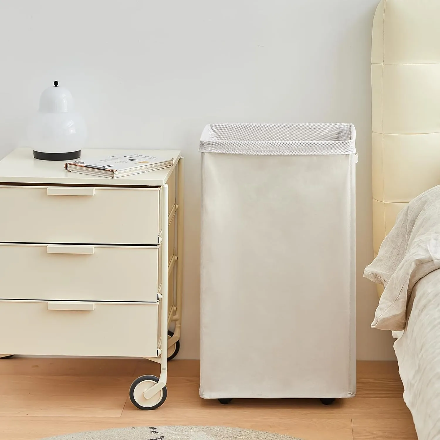29" X-Large Rolling Laundry basket with Removable Bag on Wheels, 90L Collapsible Narrow Corner Laundry Hamper, Foldable Storage Bins, Beige