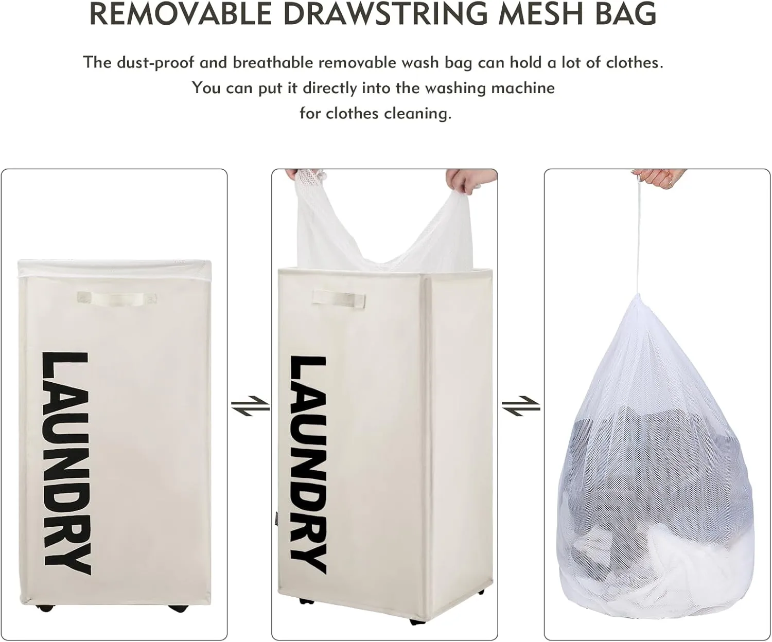 29" X-Large Rolling Laundry basket with Removable Bag on Wheels, 90L Collapsible Narrow Corner Laundry Hamper, Foldable Storage Bins, Beige