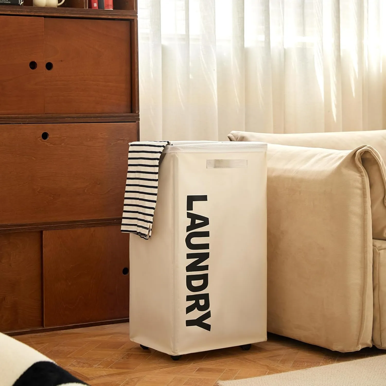 29" X-Large Rolling Laundry basket with Removable Bag on Wheels, 90L Collapsible Narrow Corner Laundry Hamper, Foldable Storage Bins, Beige