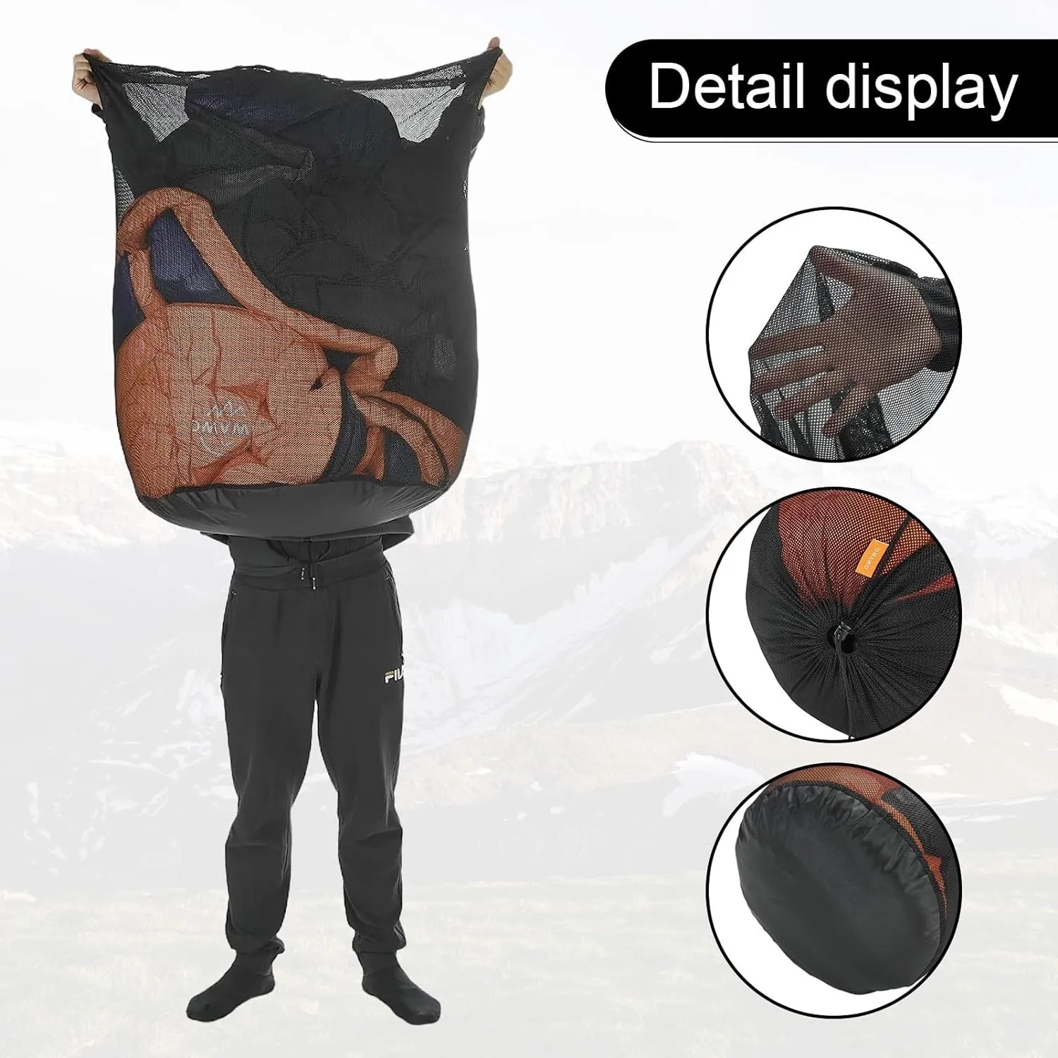 2Pcs 100L Mesh Sleeping Bag Storage Sack Stuff Sack Mesh Laundry Bag Drawstring Bag，Tear-Resistant Polyester Mesh,300D Oxford Bottom,Anti-Dirt and Water-Resistant.