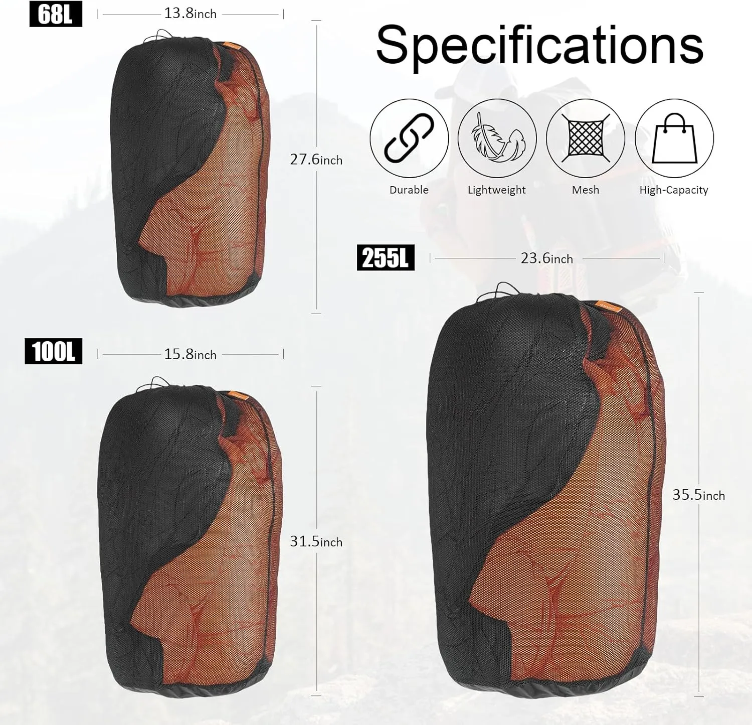 2Pcs 100L Mesh Sleeping Bag Storage Sack Stuff Sack Mesh Laundry Bag Drawstring Bag，Tear-Resistant Polyester Mesh,300D Oxford Bottom,Anti-Dirt and Water-Resistant.