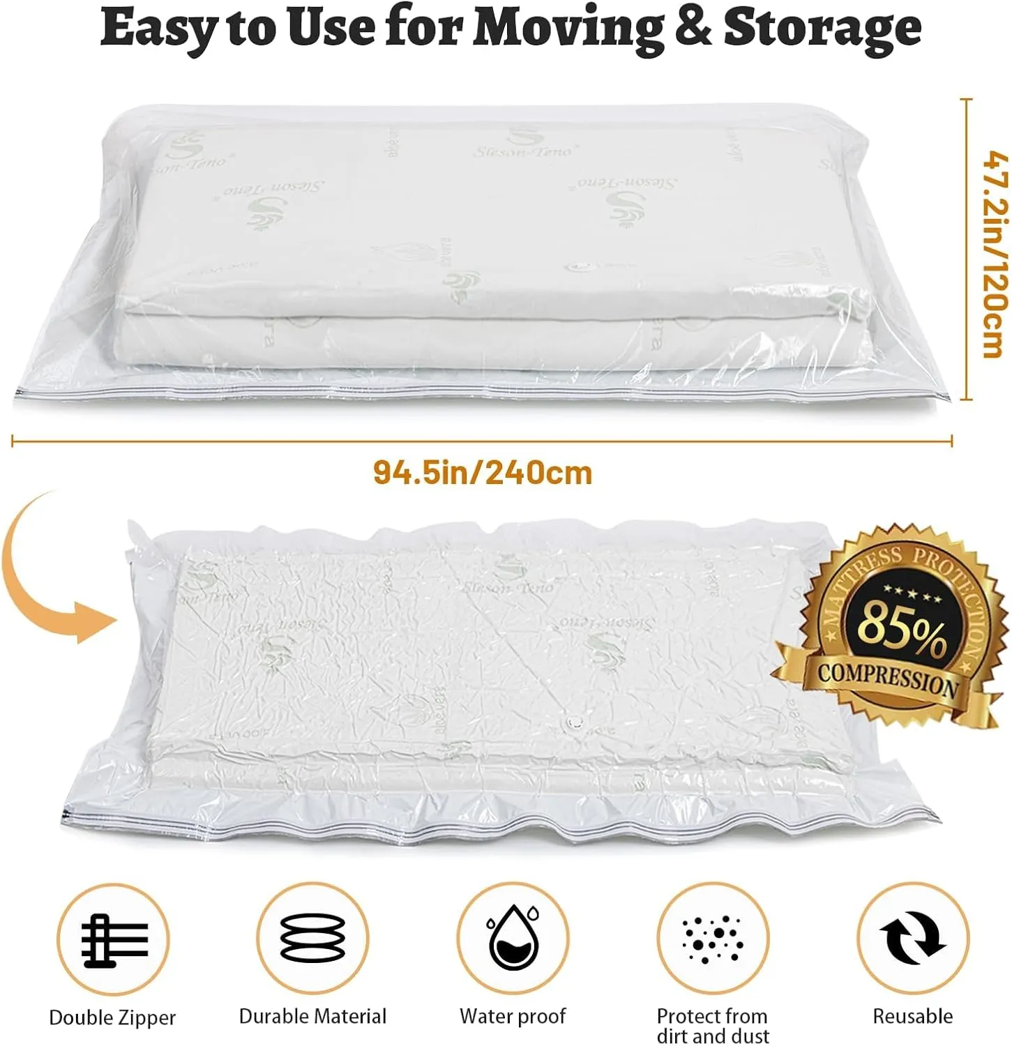 2pcs Mattress Vacuum Bag,240x120cm Space Saver Vacuum Storage Bags,Oversized Vacuum Bags,Twin Mattress Vacuum Bag King, Mattress Bag Vacuum Sealer Bag for Memory Foam Mattress Moving Shipping Storage