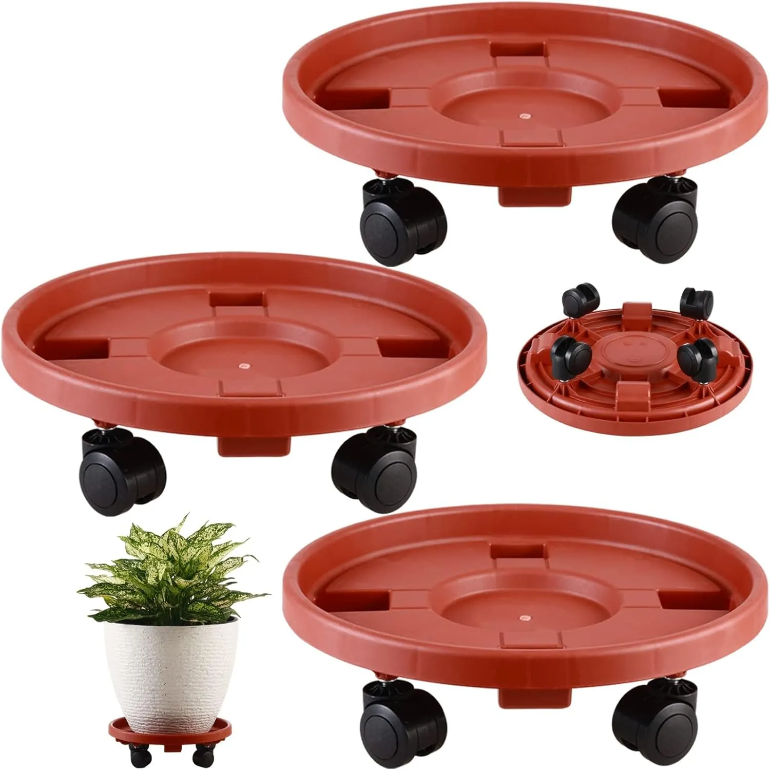 3 Pakcs Large Plant Caddy with Wheels 15.8" Rolling Plant Stands Heavy-duty Plastic Plant Roller Base Pot Movers Plant Saucer on Wheels Indoor Outdoor Plant Dolly with Casters Planter Tray Red