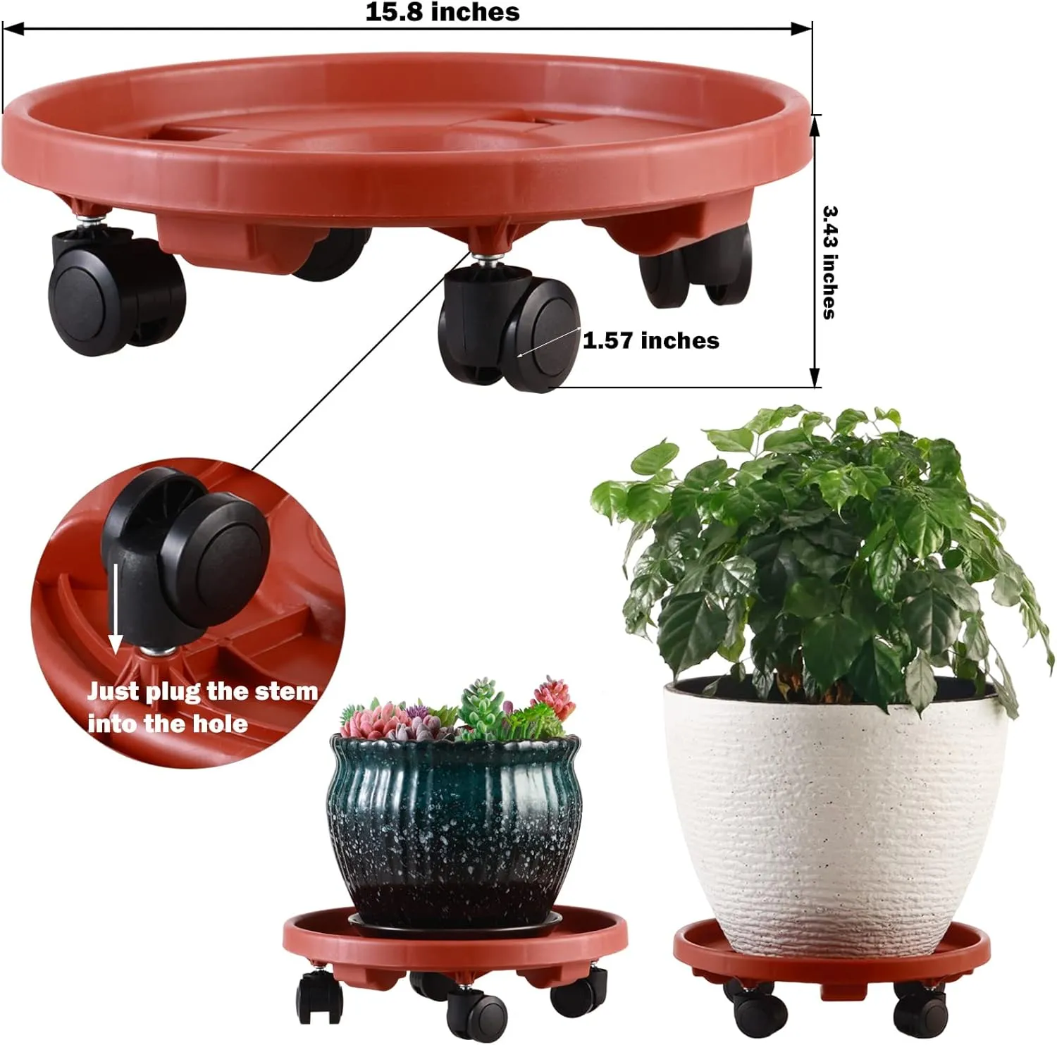 3 Pakcs Large Plant Caddy with Wheels 15.8" Rolling Plant Stands Heavy-duty Plastic Plant Roller Base Pot Movers Plant Saucer on Wheels Indoor Outdoor Plant Dolly with Casters Planter Tray Red