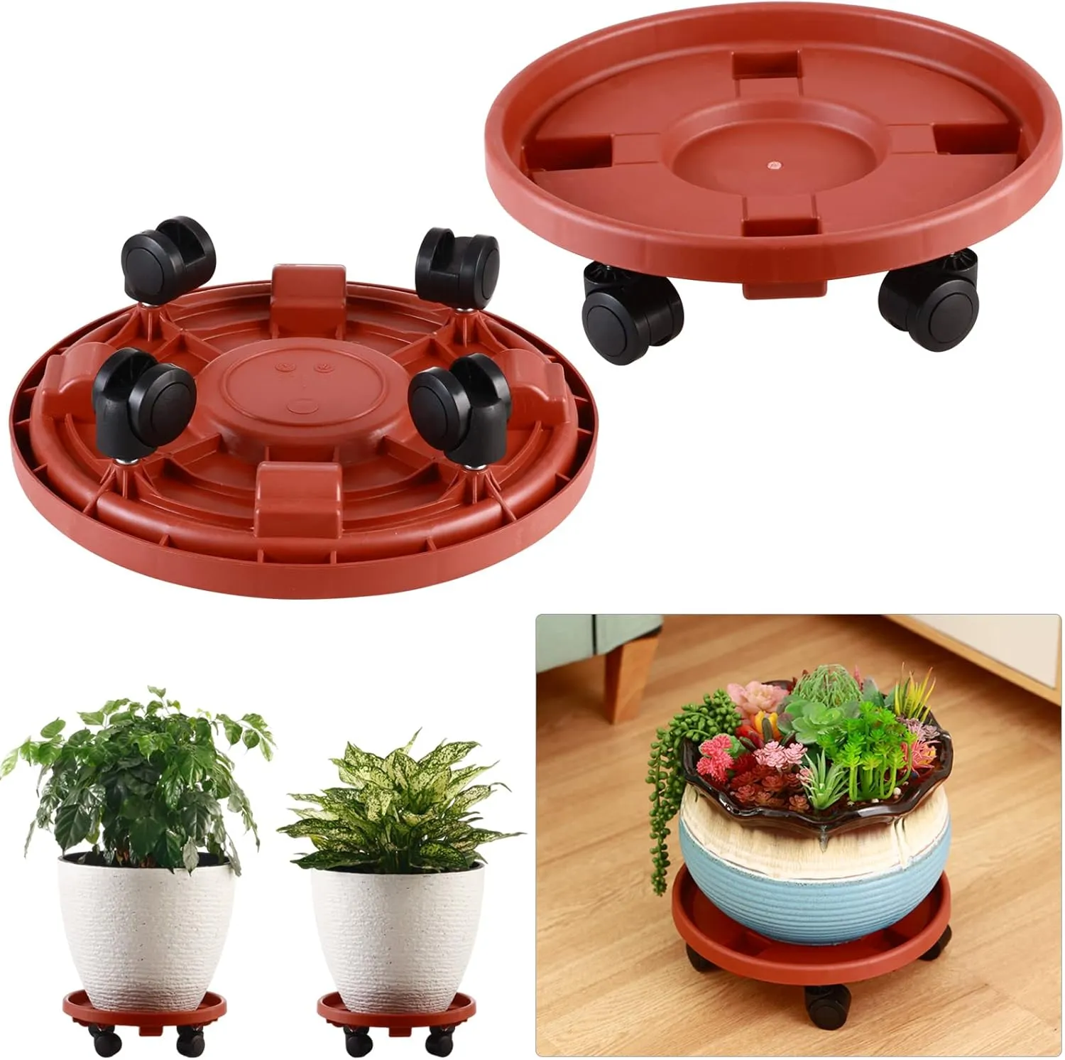 3 Pakcs Large Plant Caddy with Wheels 15.8" Rolling Plant Stands Heavy-duty Plastic Plant Roller Base Pot Movers Plant Saucer on Wheels Indoor Outdoor Plant Dolly with Casters Planter Tray Red