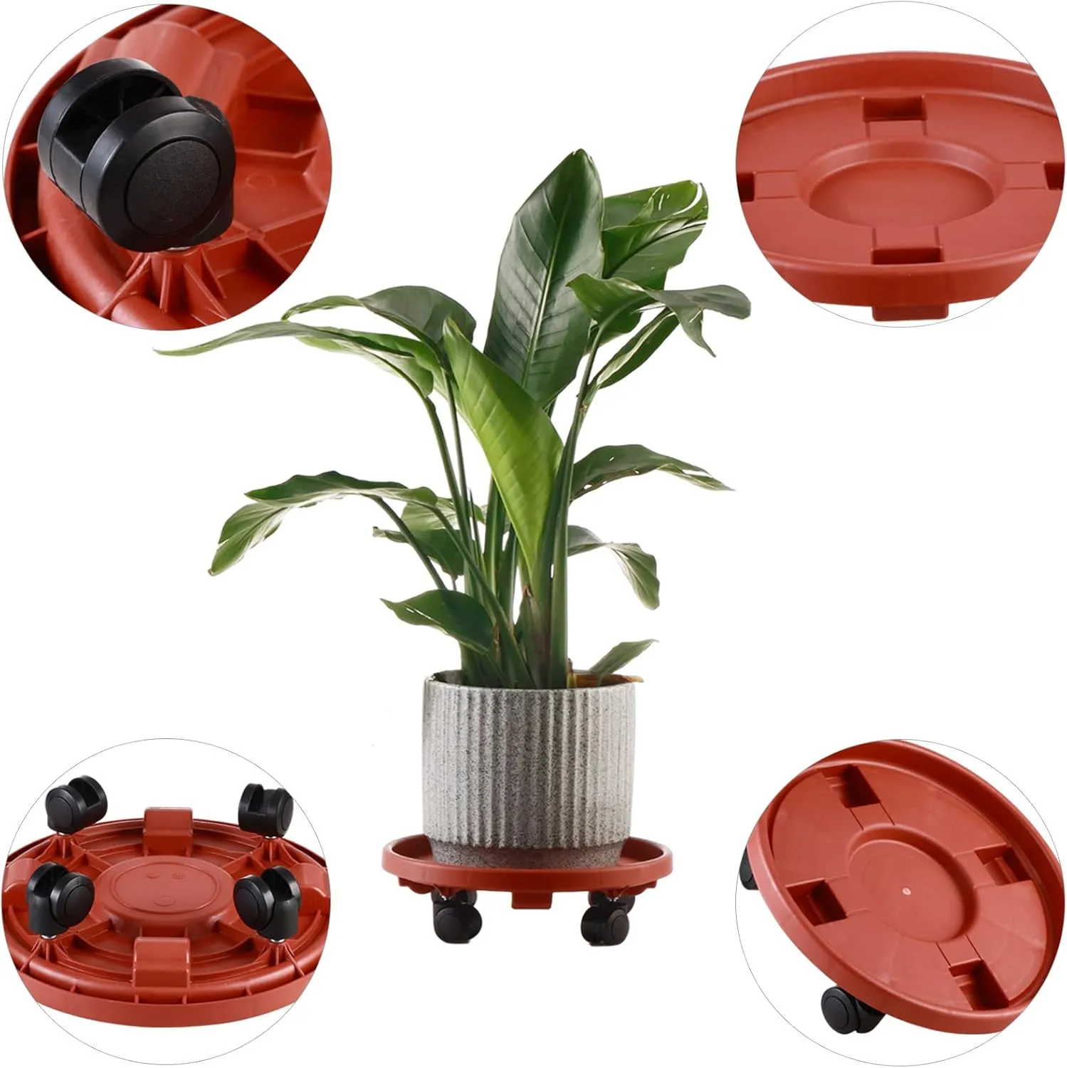 3 Pakcs Large Plant Caddy with Wheels 15.8" Rolling Plant Stands Heavy-duty Plastic Plant Roller Base Pot Movers Plant Saucer on Wheels Indoor Outdoor Plant Dolly with Casters Planter Tray Red