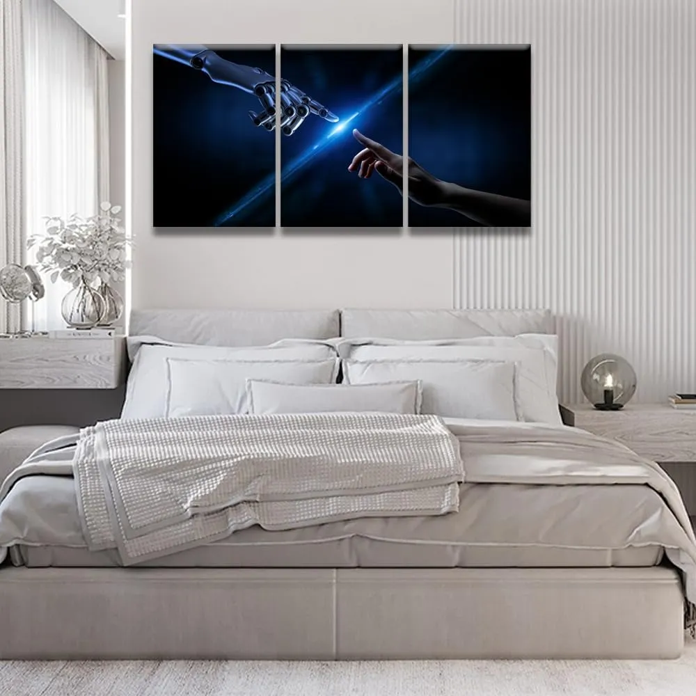3 Panel Wall Art Decor Machine Hands and Human Touching Painting AI Robot Pictures for Home Office Wall Art Framed Modern Artwork for Living Room Bedroom Decor 48x24 inch