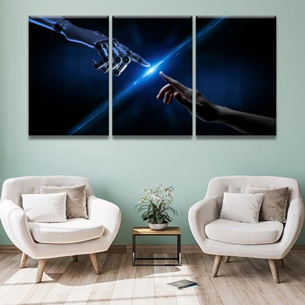 3 Panel Wall Art Decor Machine Hands and Human Touching Painting AI Robot Pictures for Home Office Wall Art Framed Modern Artwork for Living Room Bedroom Decor 48x24 inch