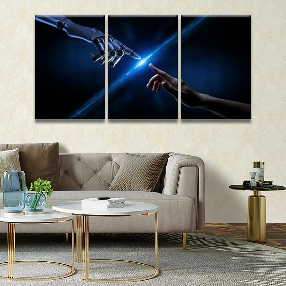 3 Panel Wall Art Decor Machine Hands and Human Touching Painting AI Robot Pictures for Home Office Wall Art Framed Modern Artwork for Living Room Bedroom Decor 48x24 inch