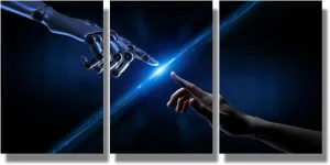 3 Panel Wall Art Decor Machine Hands and Human Touching Painting AI Robot Pictures for Home Office Wall Art Framed Modern Artwork for Living Room Bedroom Decor 48x24 inch