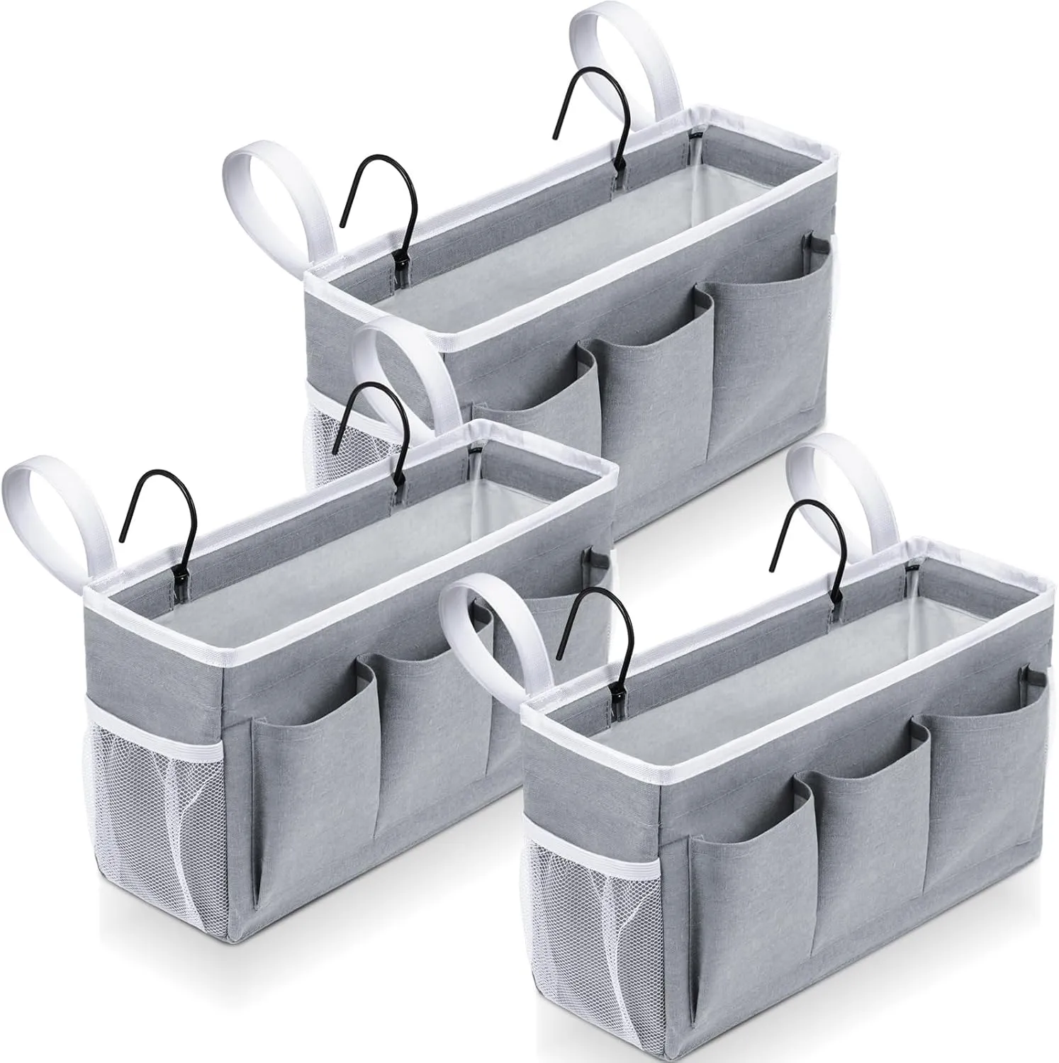 3 Pcs Bedside Caddy Storage Organizer, Bedside Hanging Storage Bag with Pockets and Fixed Straps for Bunk Bed Shelf Dorm Rooms Crib Bed Rails Hospital Beds, Can Be Placed Glasses Books