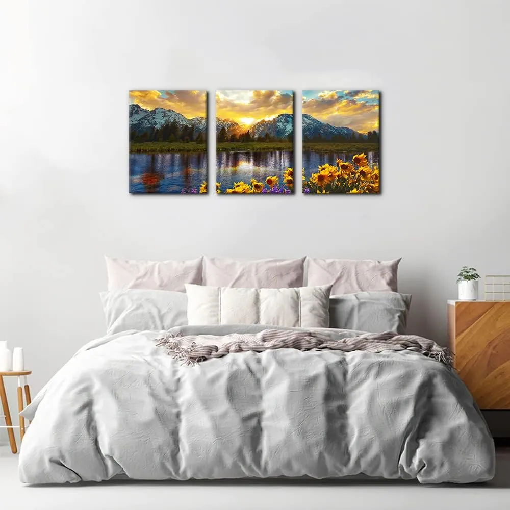 3 Pieces Mountain Canvas Wall Art for Living Room Nature Landscape Picture Sunflower Wall Decor for Bedroom Home Decoration Sunrise Grand Teton National Park Painting Framed Artwork - 12" x 16" x 3