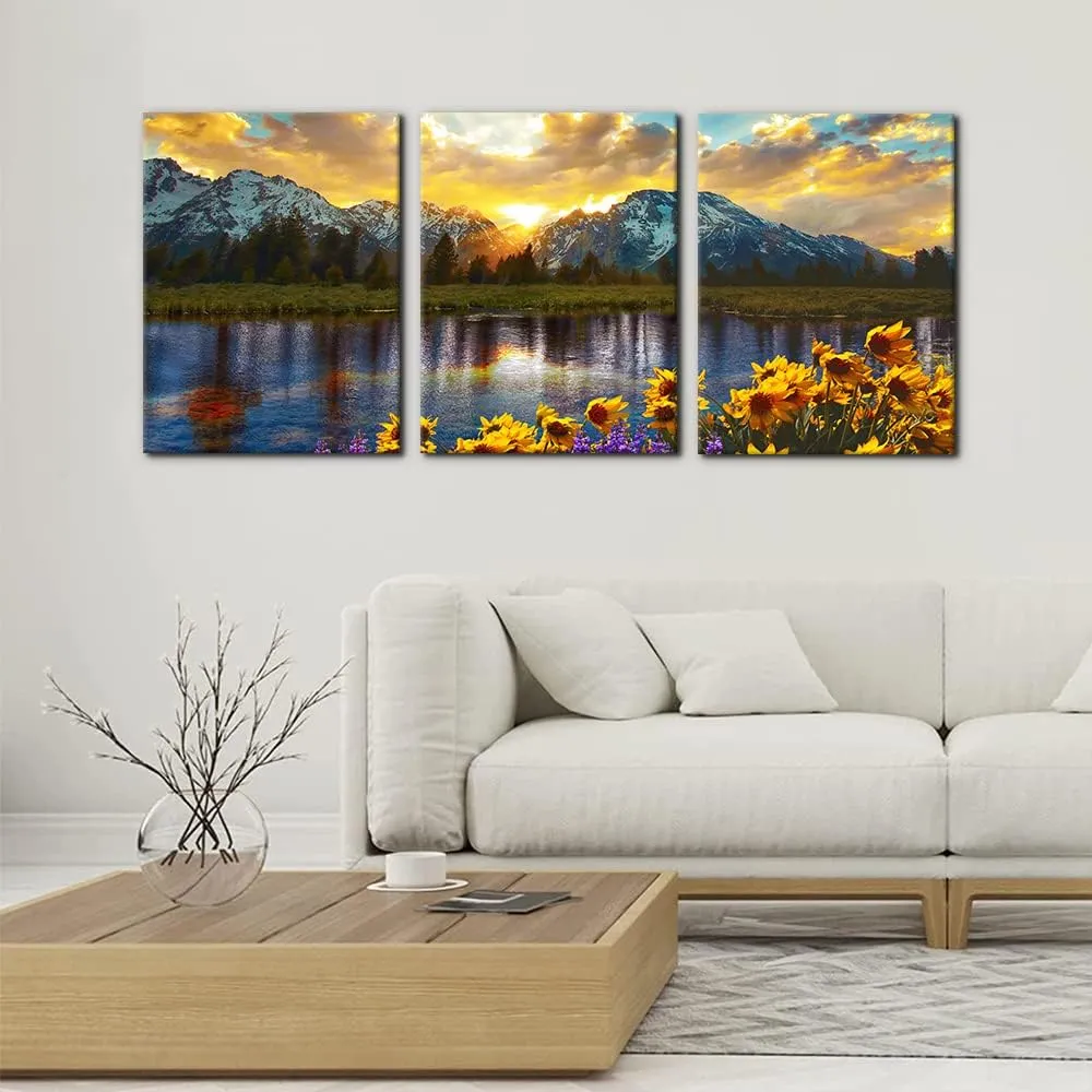 3 Pieces Mountain Canvas Wall Art for Living Room Nature Landscape Picture Sunflower Wall Decor for Bedroom Home Decoration Sunrise Grand Teton National Park Painting Framed Artwork - 12" x 16" x 3