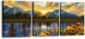 3 Pieces Mountain Canvas Wall Art for Living Room Nature Landscape Picture Sunflower Wall Decor for Bedroom Home Decoration Sunrise Grand Teton National Park Painting Framed Artwork - 12" x 16" x 3