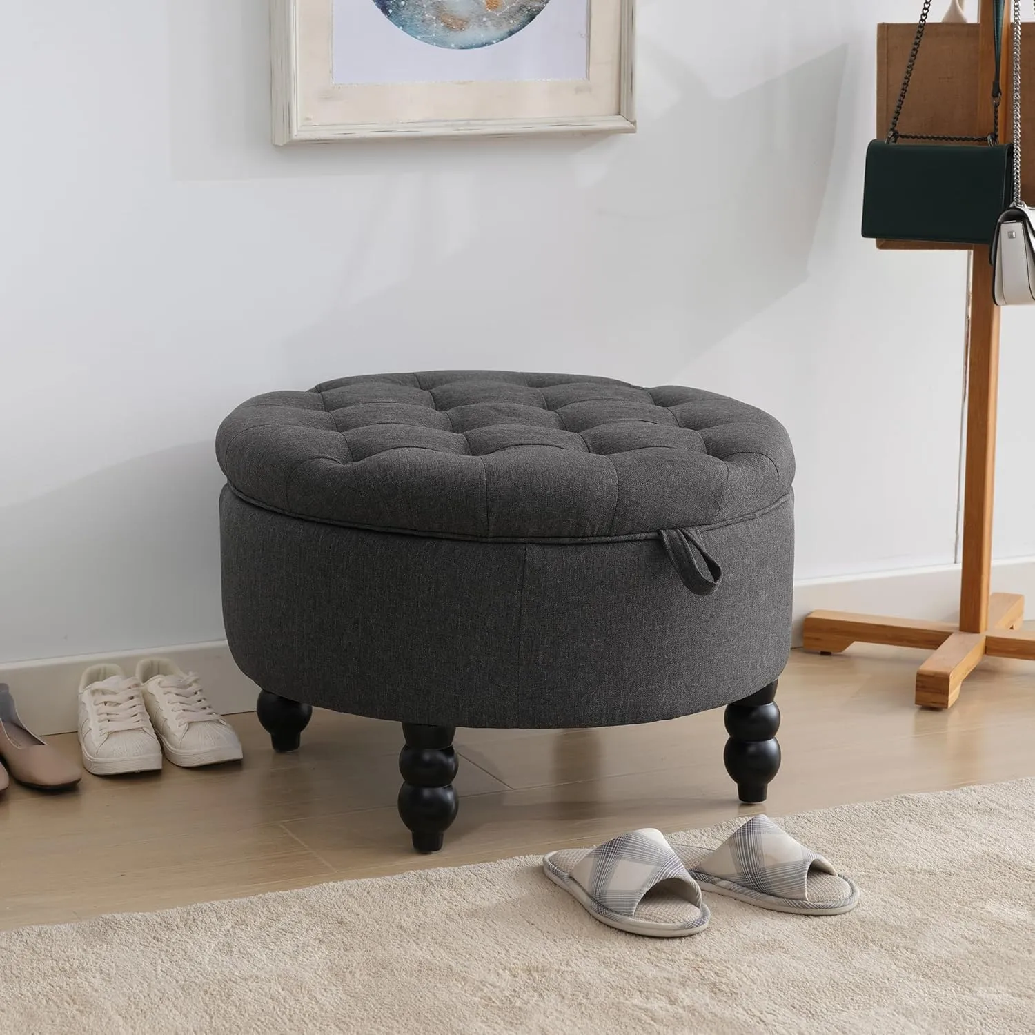 30 Inch Fabric Round Storage Ottoman, Modern Upholstered Tufted Coffee Table with Storage, Oversized Living Room Footrest Stool Ottoman with Try, Dark Gray