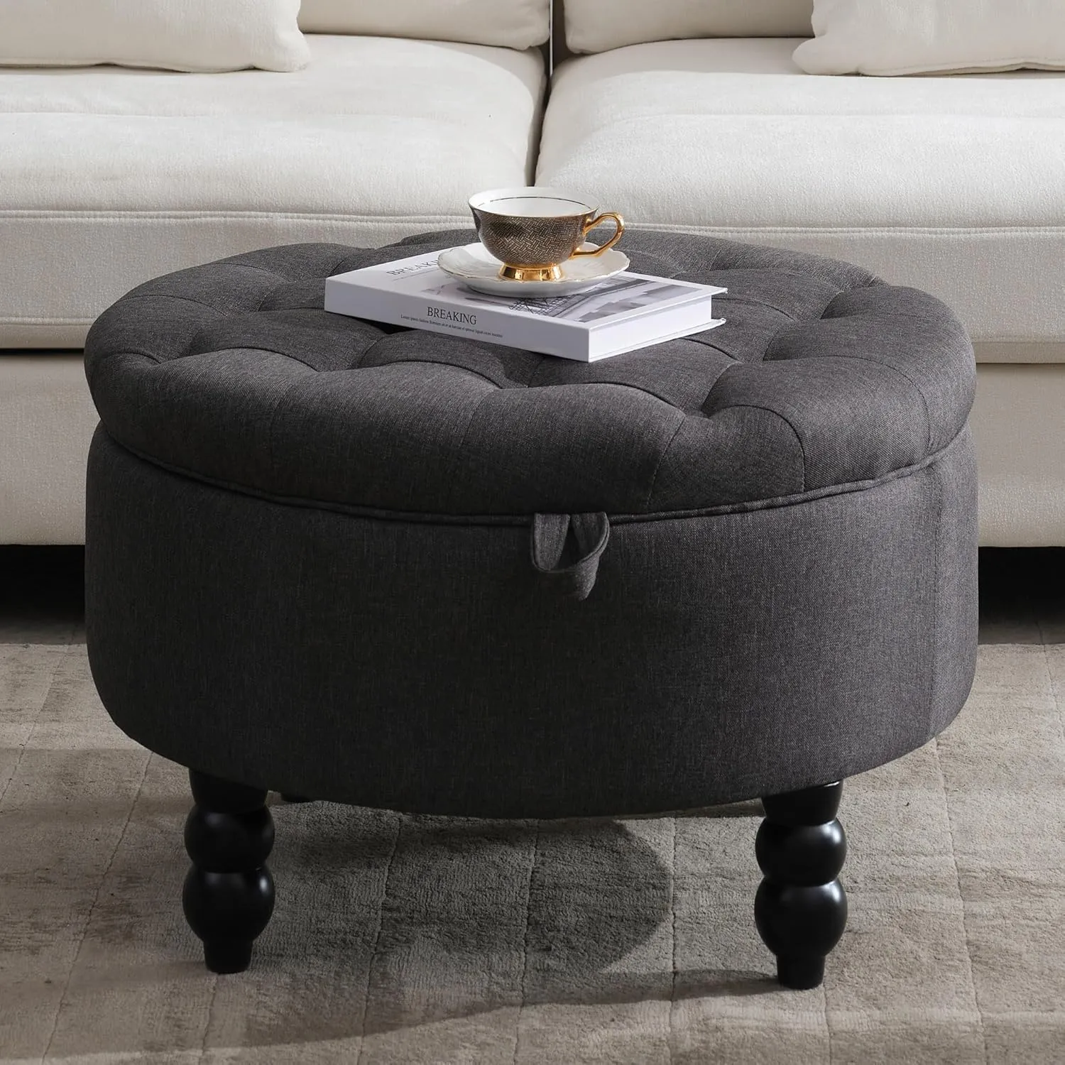 30 Inch Fabric Round Storage Ottoman, Modern Upholstered Tufted Coffee Table with Storage, Oversized Living Room Footrest Stool Ottoman with Try, Dark Gray